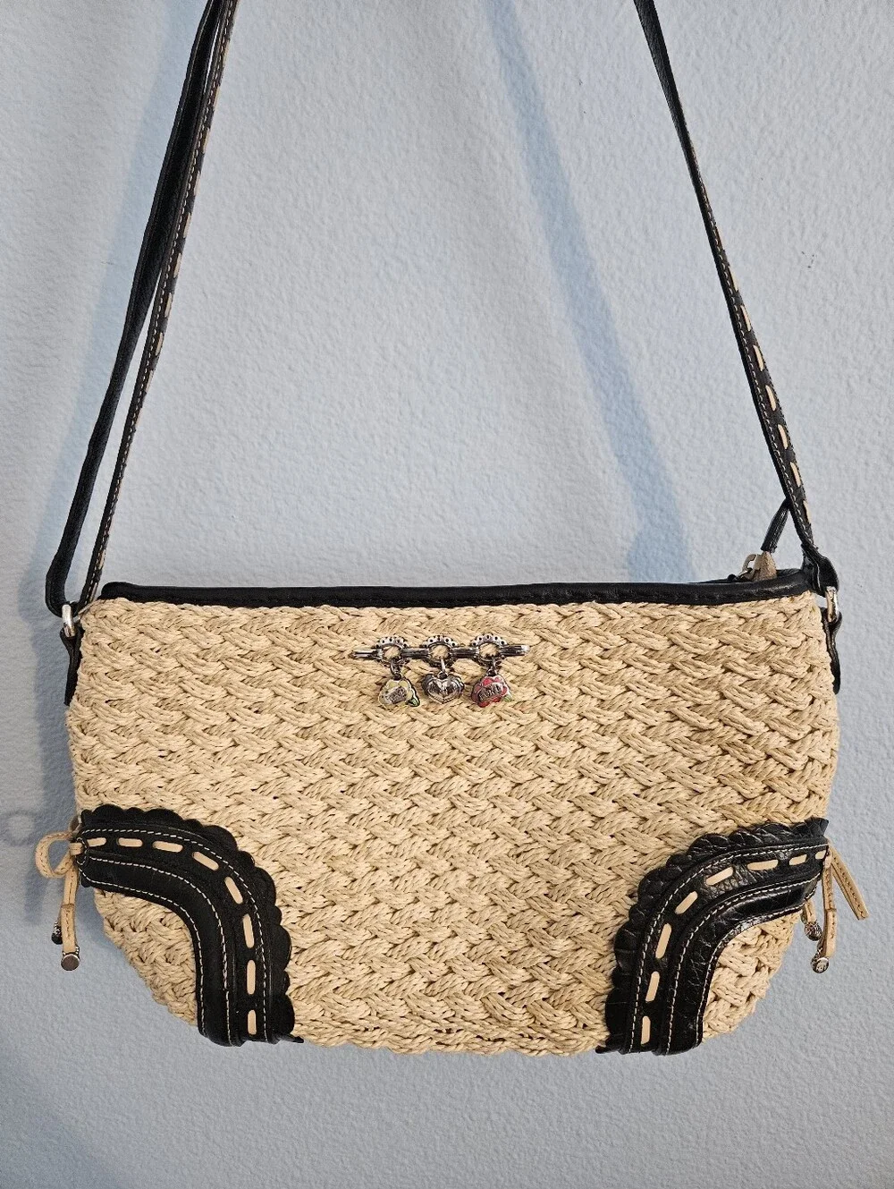 Brighton Woven Straw Crossbody Bag with Black Trim